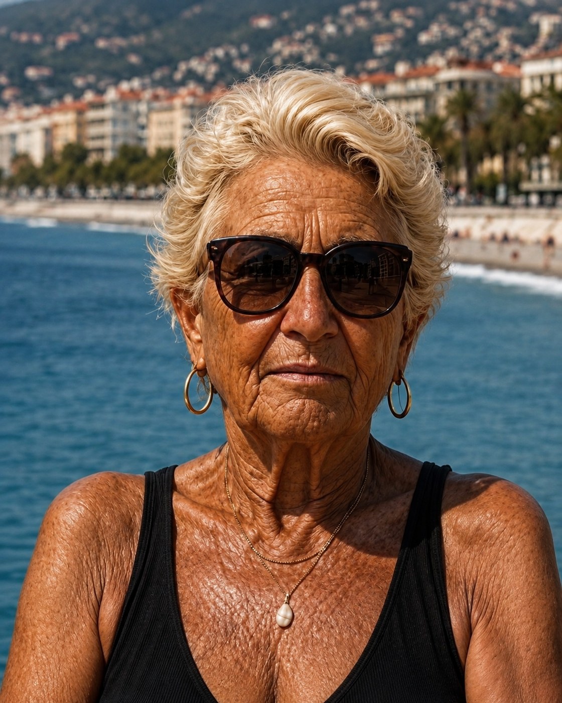 Fictional Mametas matriarch facing the camera on the Nice seafront
