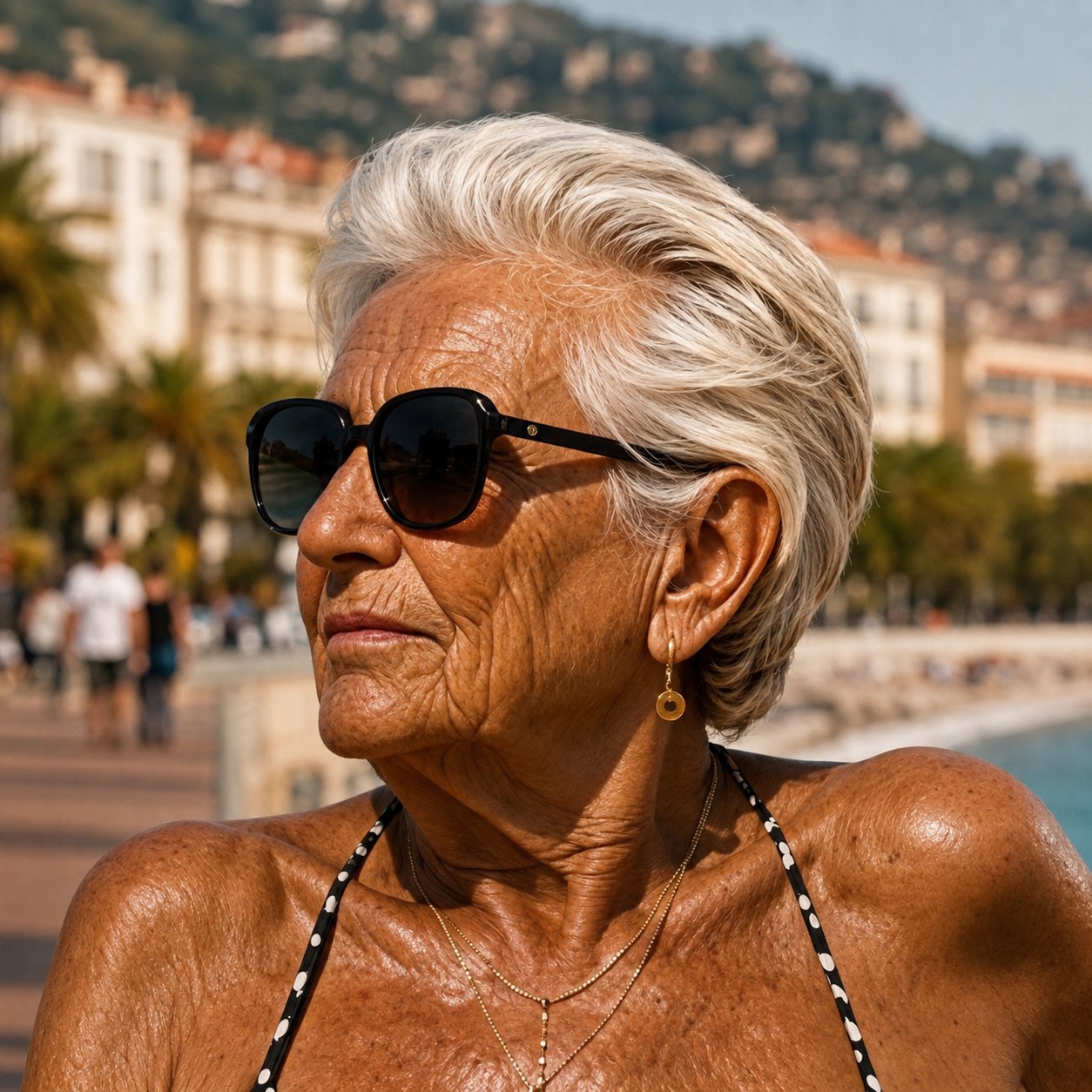 Fictional Mametas matriarch in sunglasses on the promenade