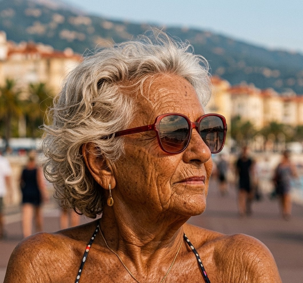 Portrait of a fictional Niçoise wearing red sunglasses